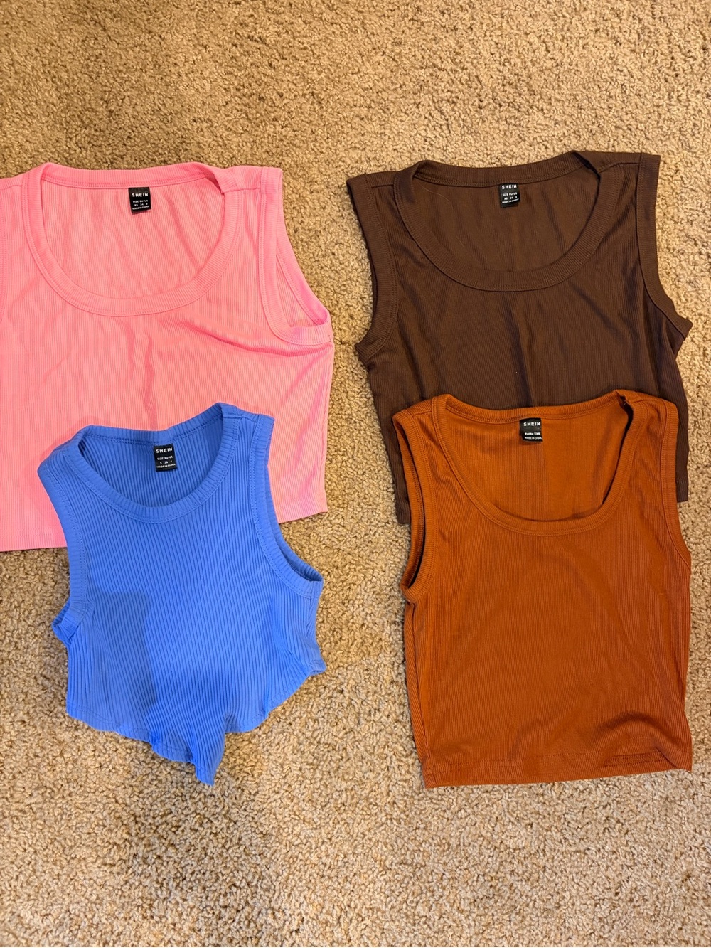 4 Everyday cropped Rib Tank — Pink, Blue, Brown & Rust